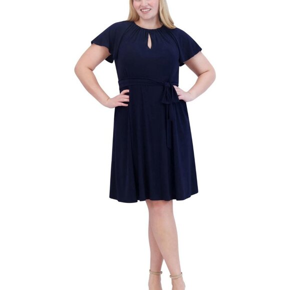 New Jessica Howard Plus Size 22W Navy Blue Keyhole Fit & Flare Dress Jersey Knit - Picture 2 of 12
